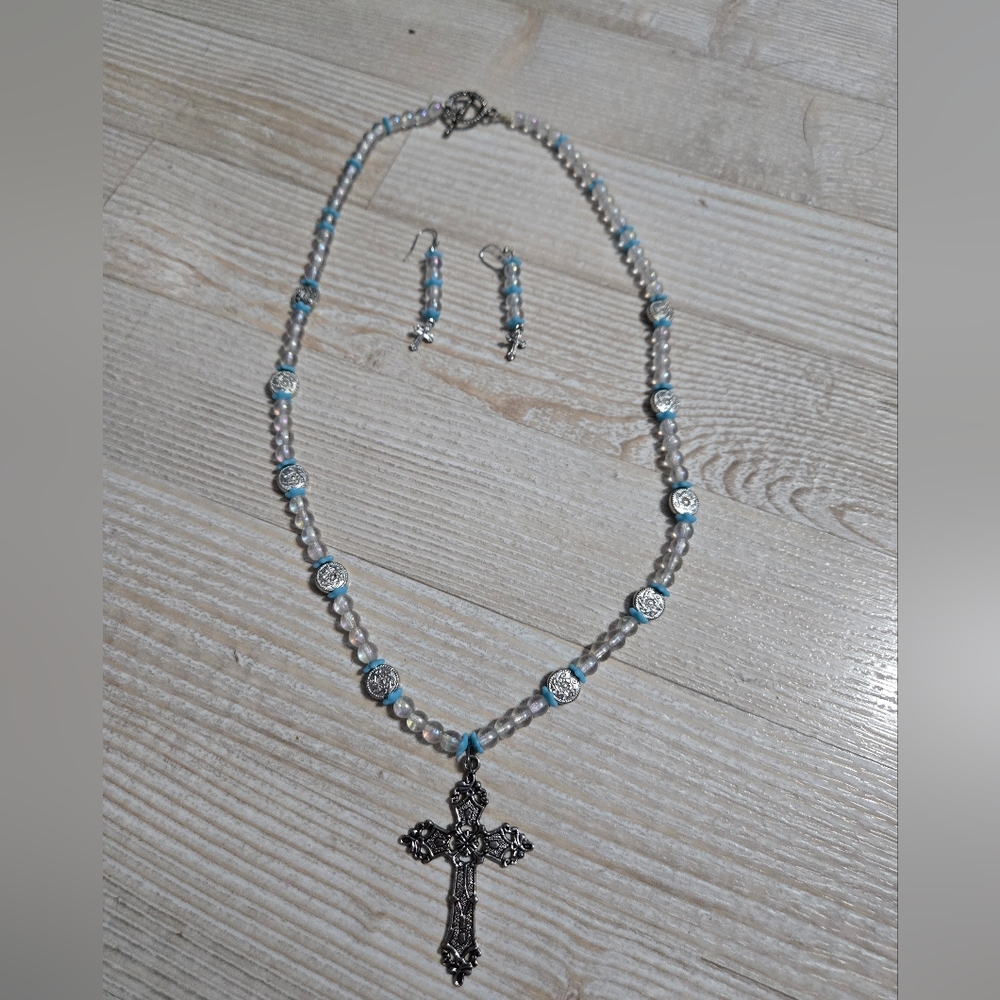 Boho Silver Cross Necklace and Dangle Earrings